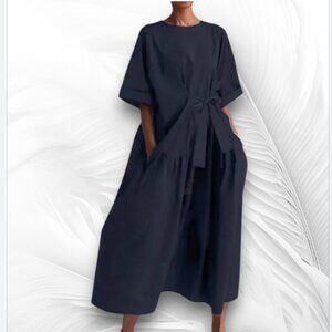 Navy Blue Oversized Maxi Dress Loose Fit with Waist Tie and Pockets